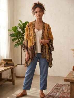 Mustard Yellow Embroidered Boho Kimono